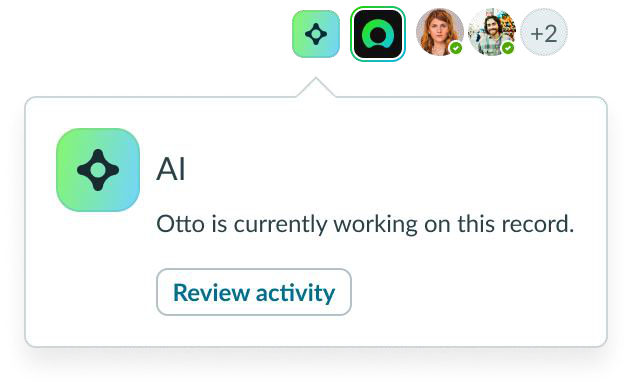 An AI coworker is shown working on a record with an option to review activity.