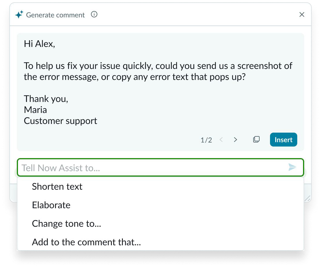 Now Assist lets people review and refine generated text before inserting it.