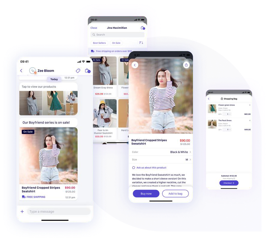 Maven Messenger mobile screens connect product discovery, conversation, and shopping.